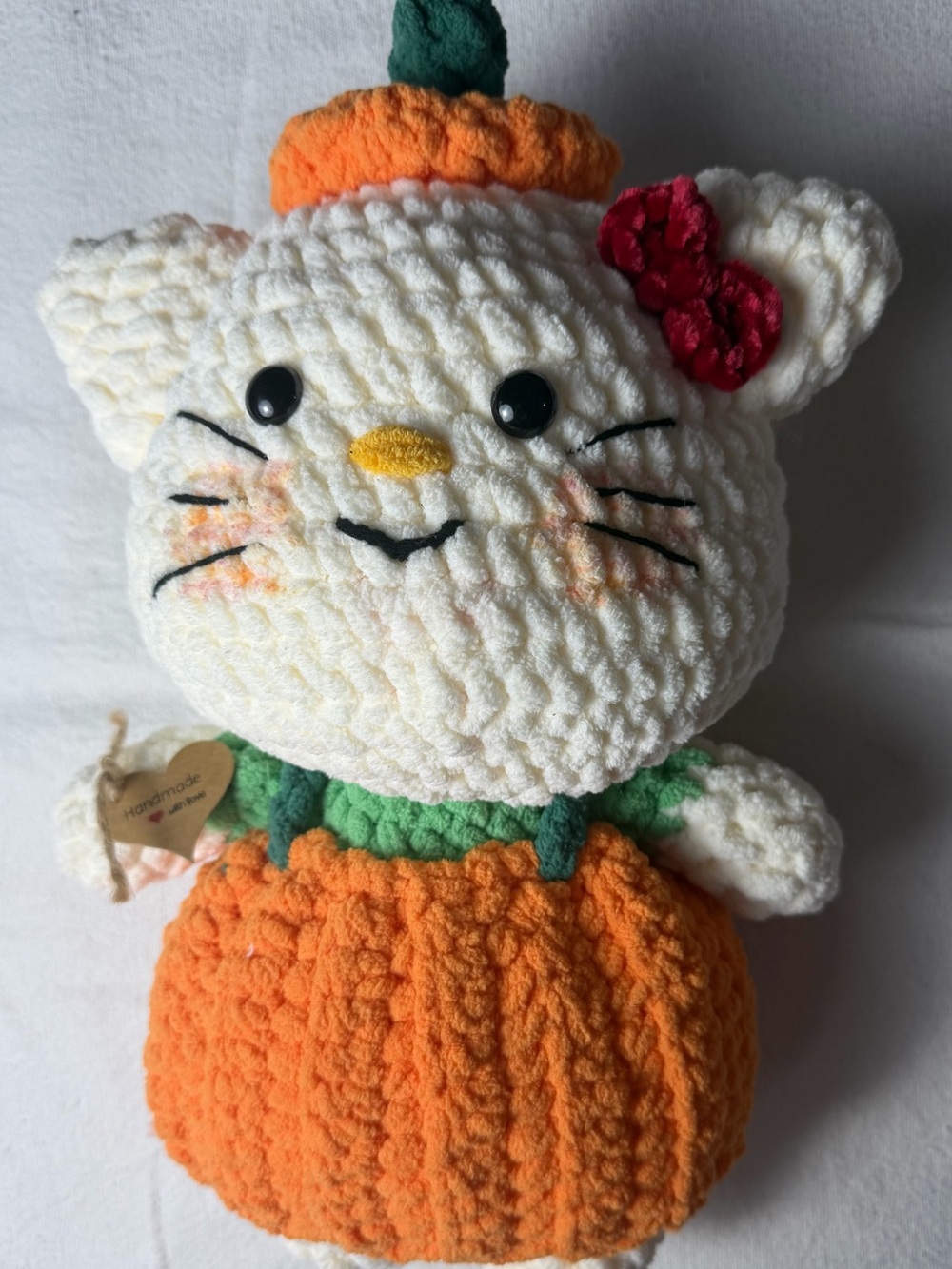 Handmade White & Orange Plush Hello kitty in Pumpkin Outfit - Cute Fall Pet Toy